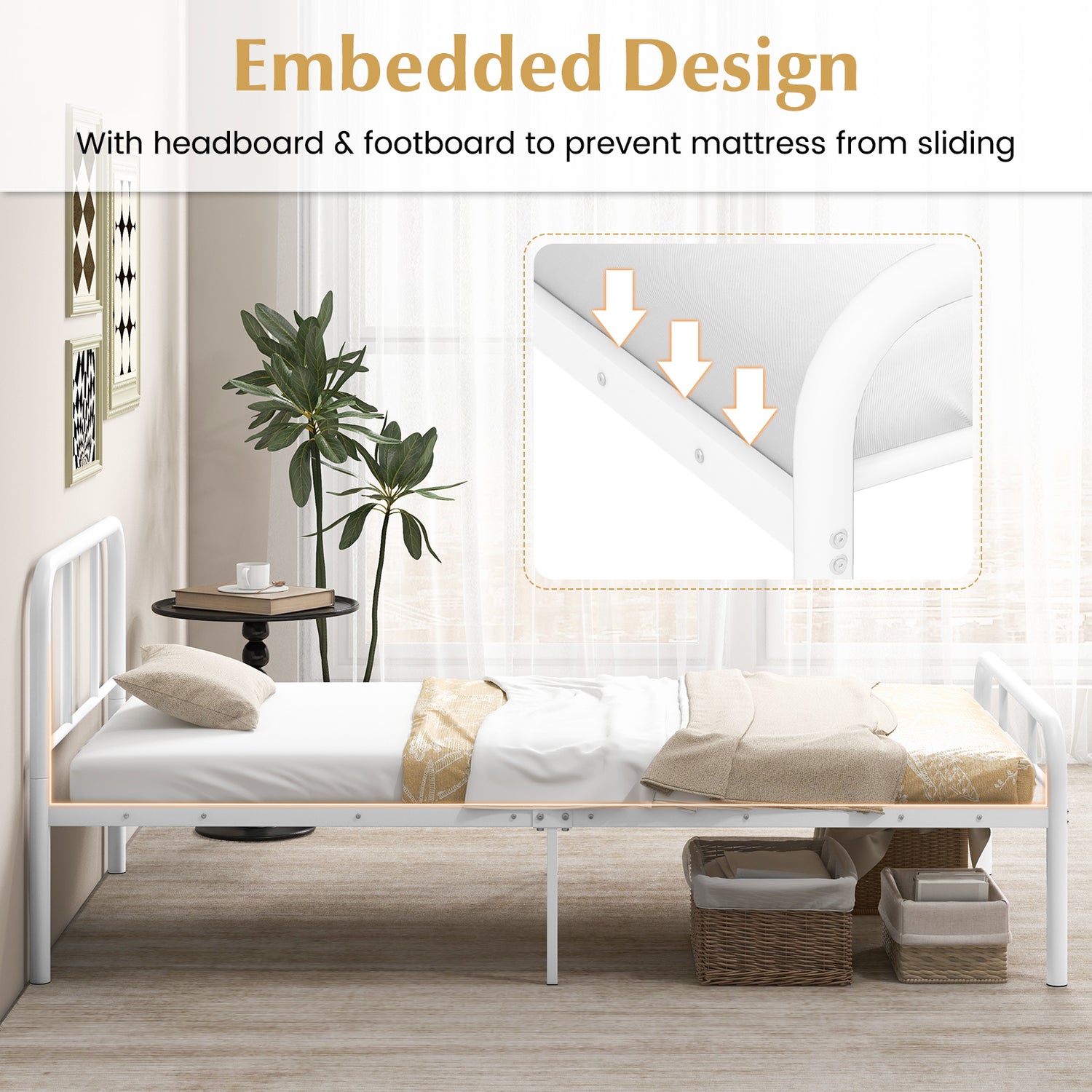 Modern Metal Platform Bed with Headboard and Footboard