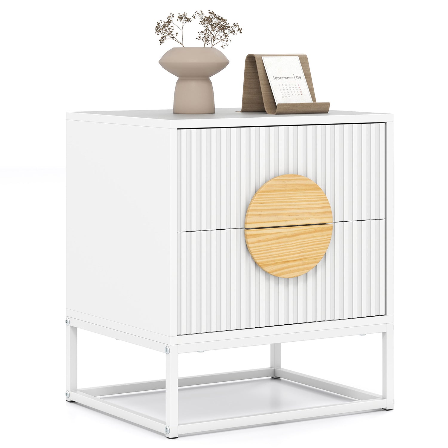 Modern Mid Century Fluted Nightstand with 2 Drawers and Pine Wood Handles for Bedroom
