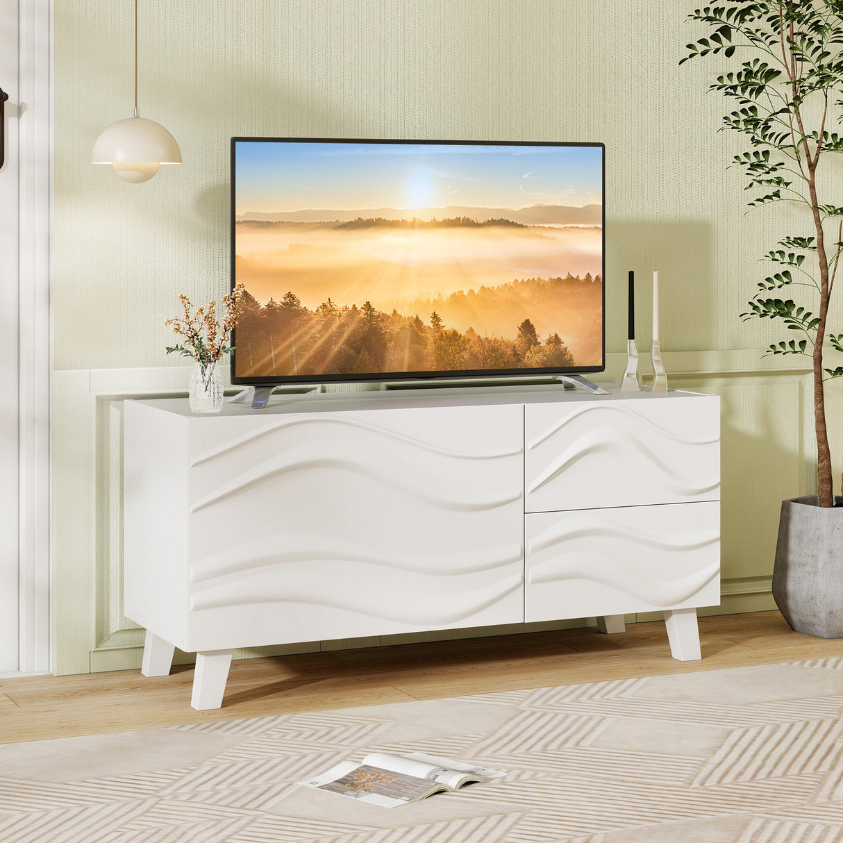 Modern Mid Century TV Stand with Drawers for 44 Inch TV-White