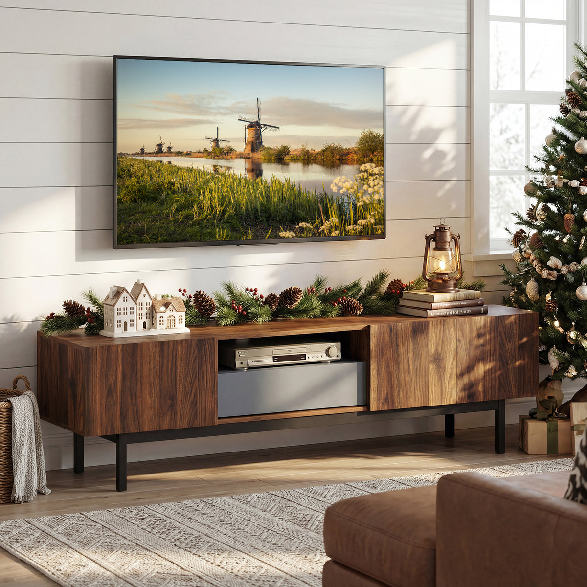 Modern Mid Century TV Cabinetfor TVs up to 82" with Drawer-Walnut