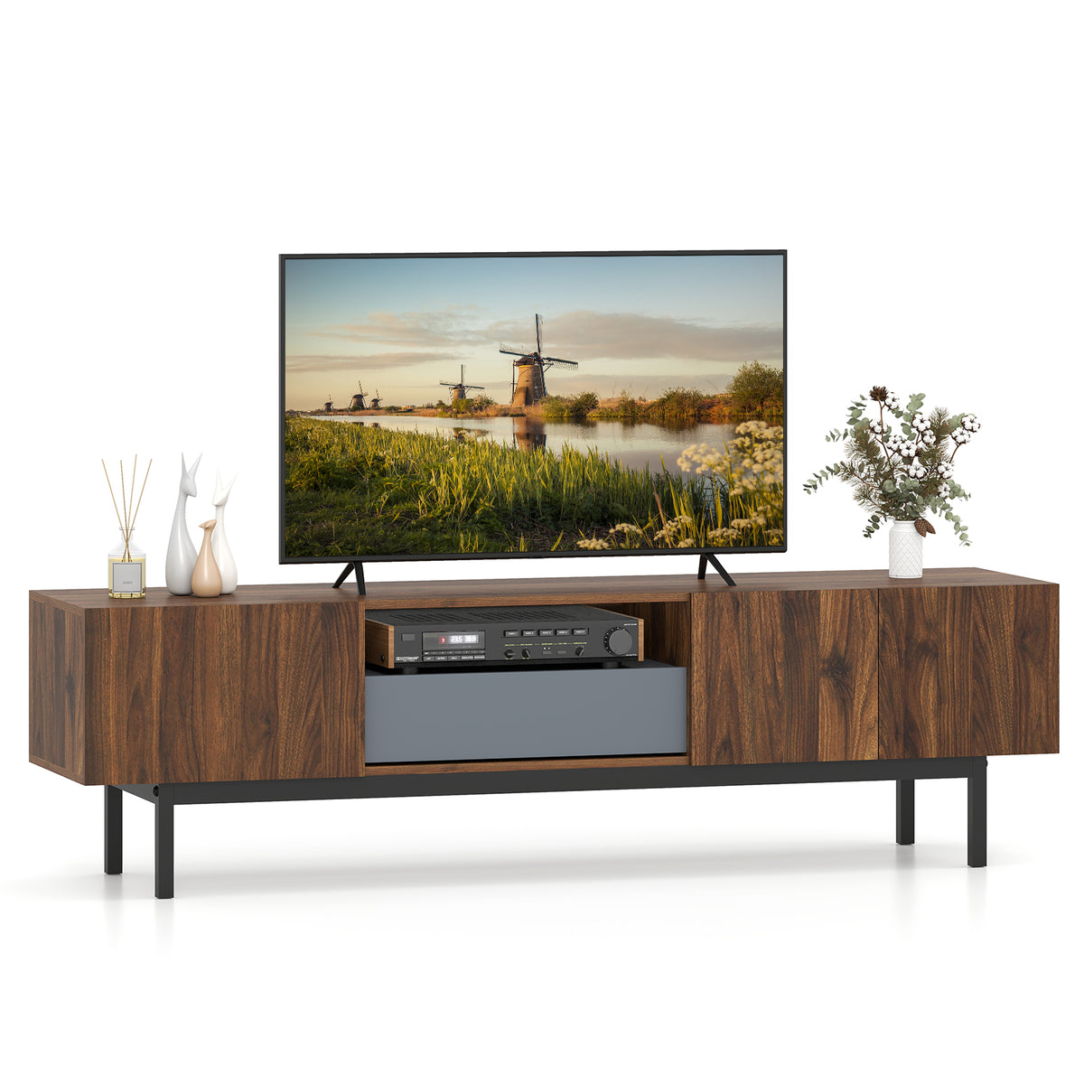 Modern Mid Century TV Cabinetfor TVs up to 82" with Drawer-Walnut