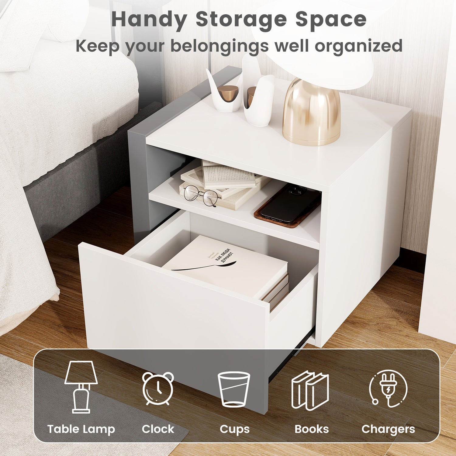 Modern Minimalist Nightstand with Drawer for Bedroom
