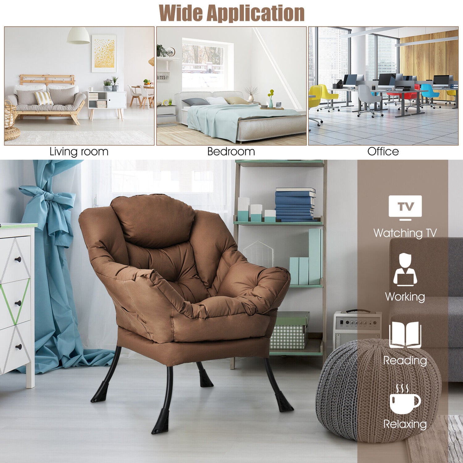 Modern Polyester Fabric Lazy Chair with Steel Frame and Side Pocket
