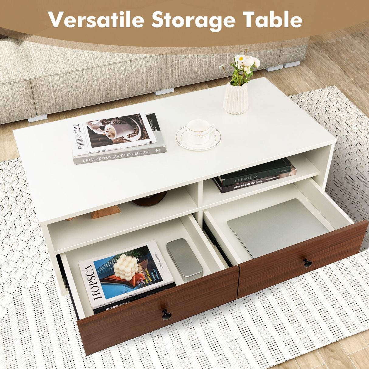 2 Tier 40 Inch Length Modern Rectangle Coffee Table with Storage Shelf and Drawers-White