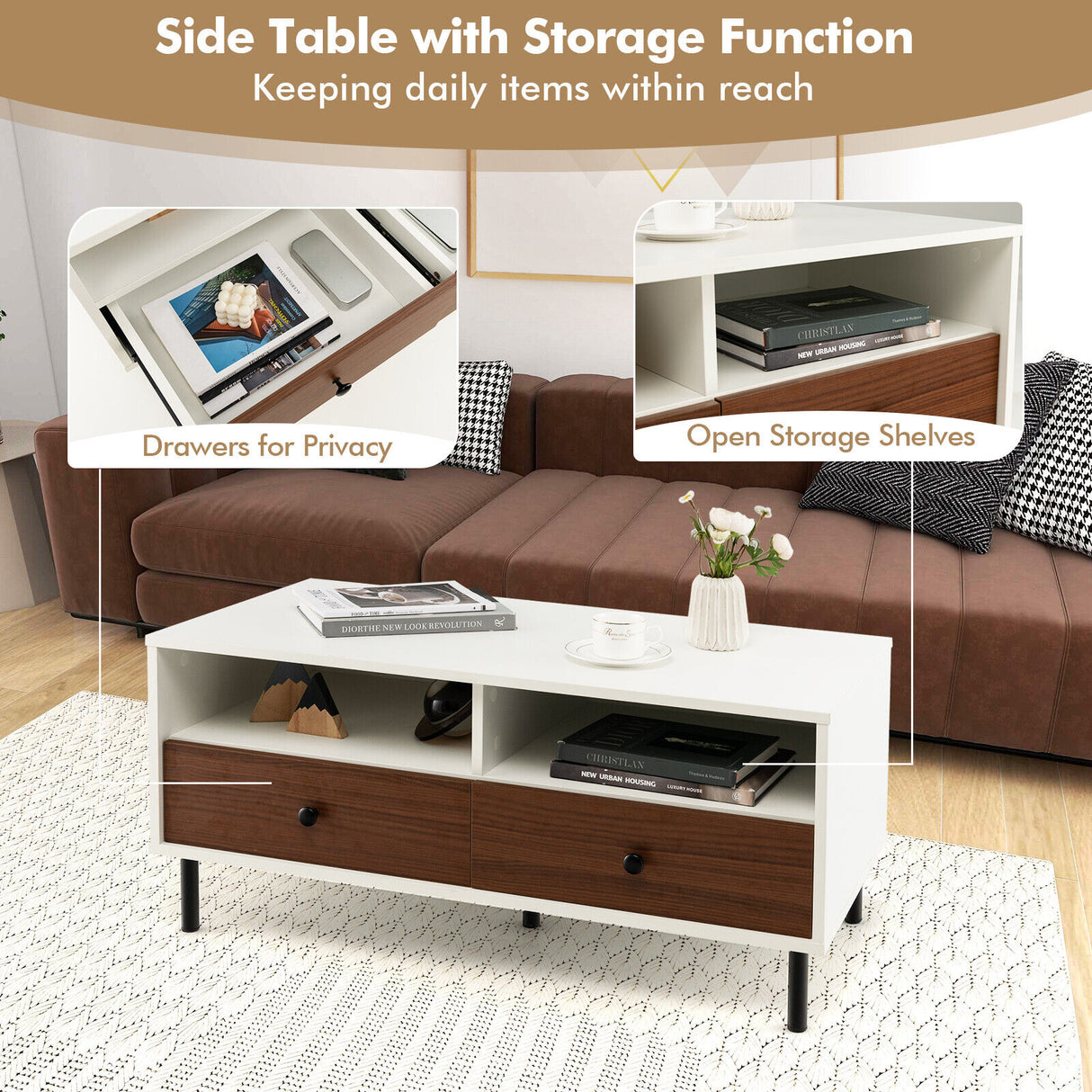 2 Tier 40 Inch Length Modern Rectangle Coffee Table with Storage Shelf and Drawers-White