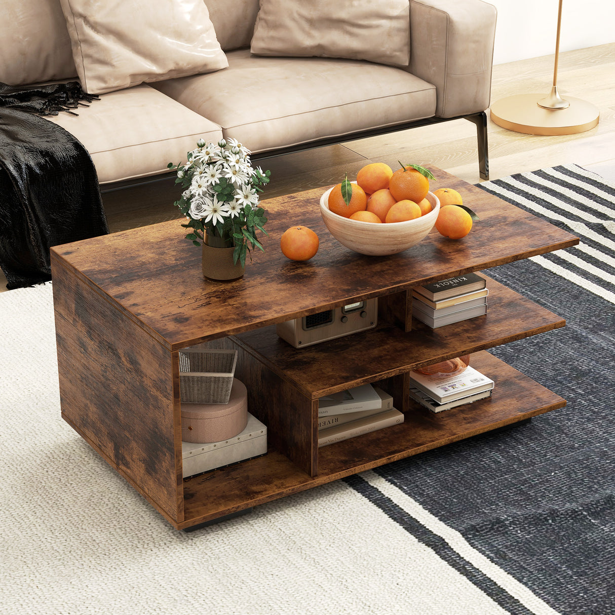Rectangular Coffee Table with L-shaped Middle Shelf