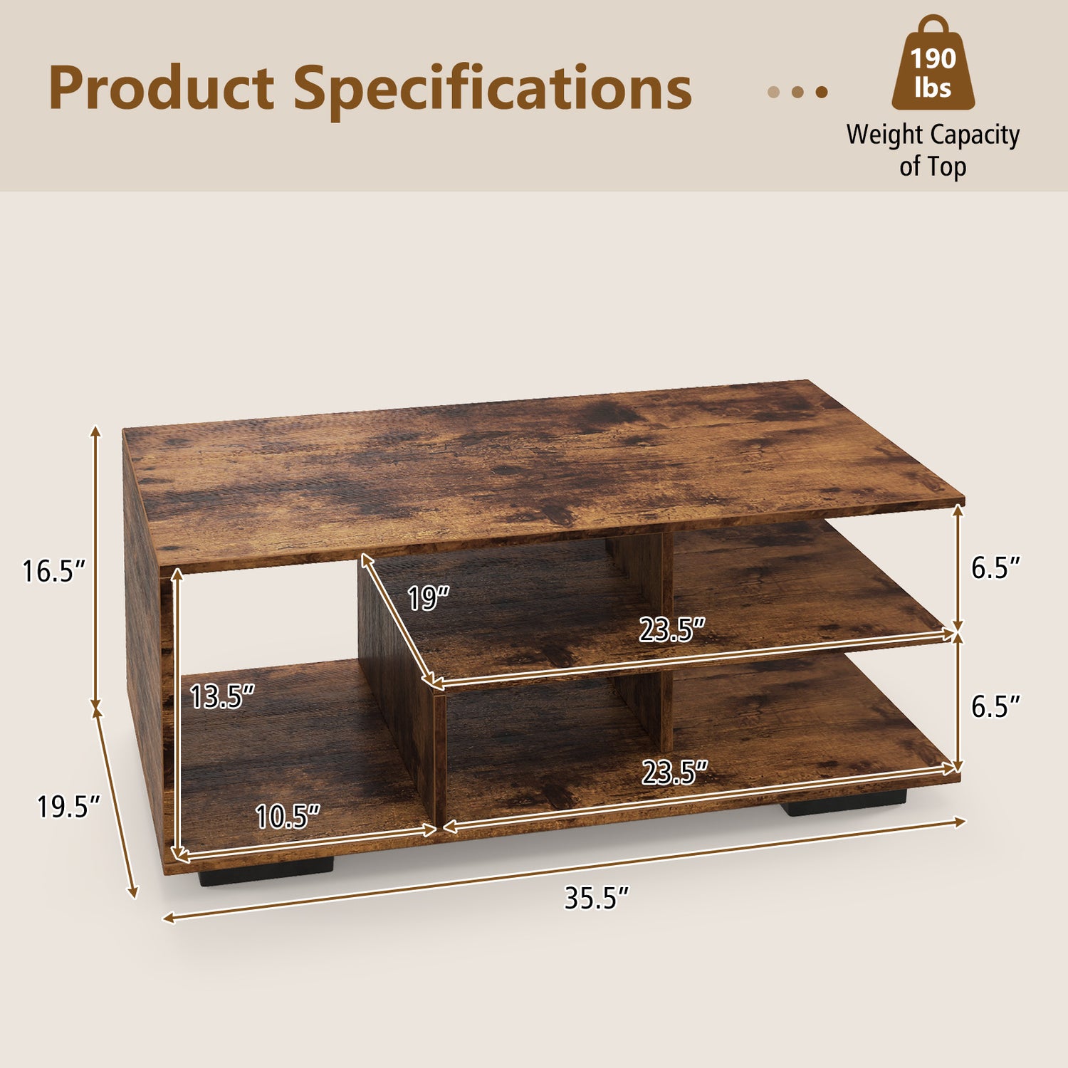 Rectangular Coffee Table with L-shaped Middle Shelf
