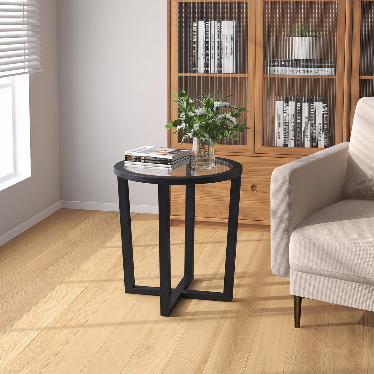 Modern Round End Table Sofa Side Table with Transparent Tempered Glass Top