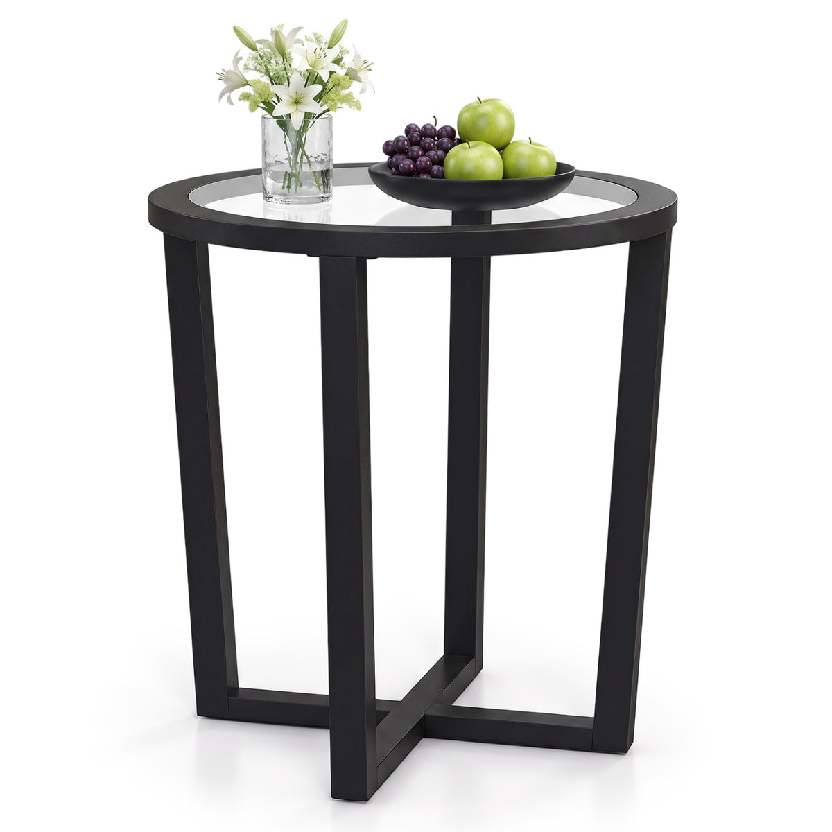 Modern Round End Table Sofa Side Table with Transparent Tempered Glass Top
