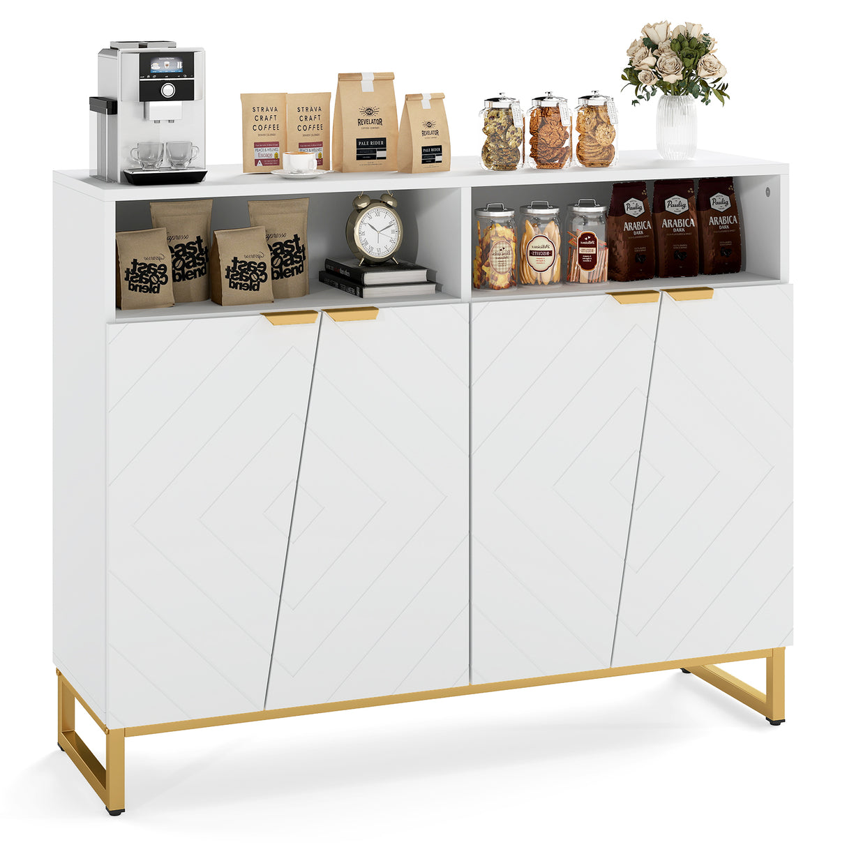 Modern Sideboard Cabinet with 4 Doors and Adjustable Shelves-White
