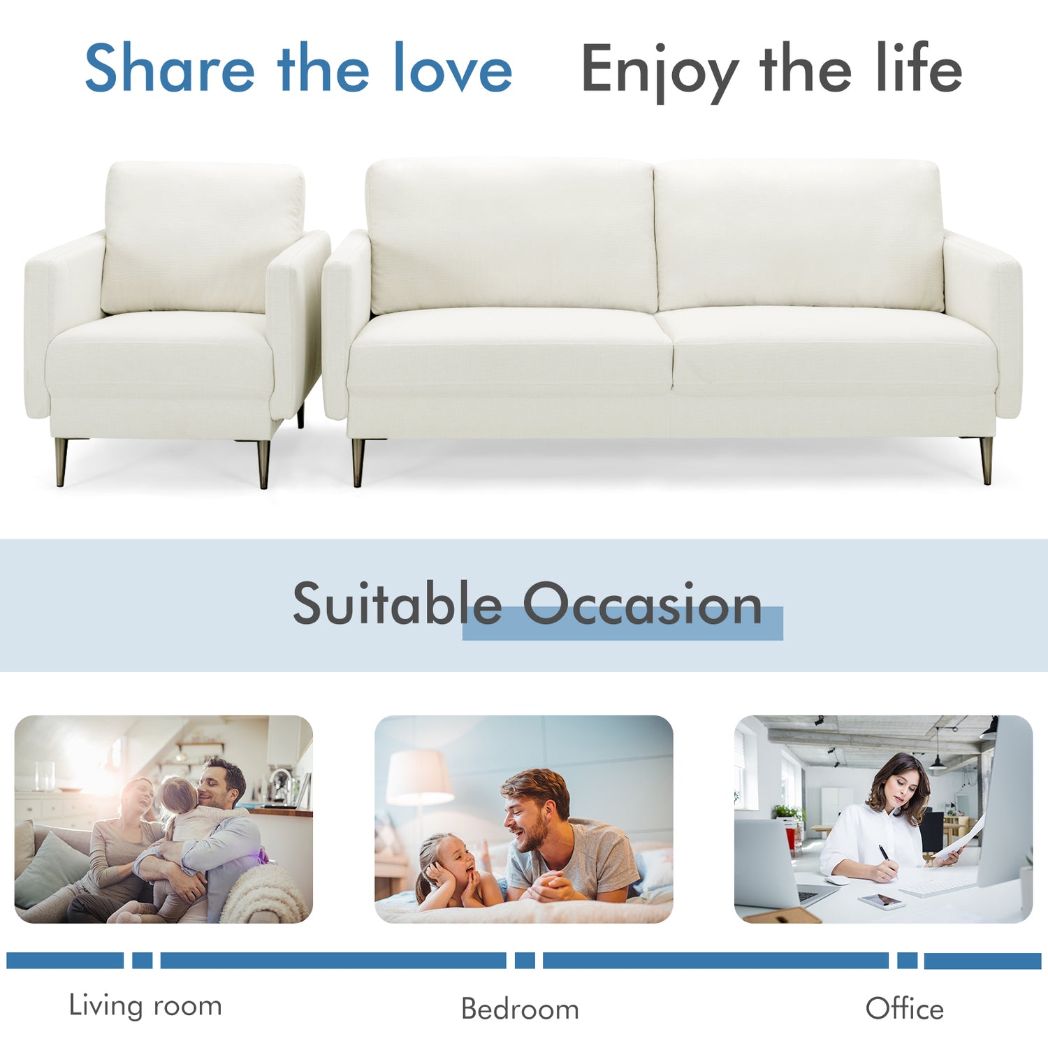 Modern Sofa Couch with Solid Metal Legs and Removable Backrest Cushion-Gray