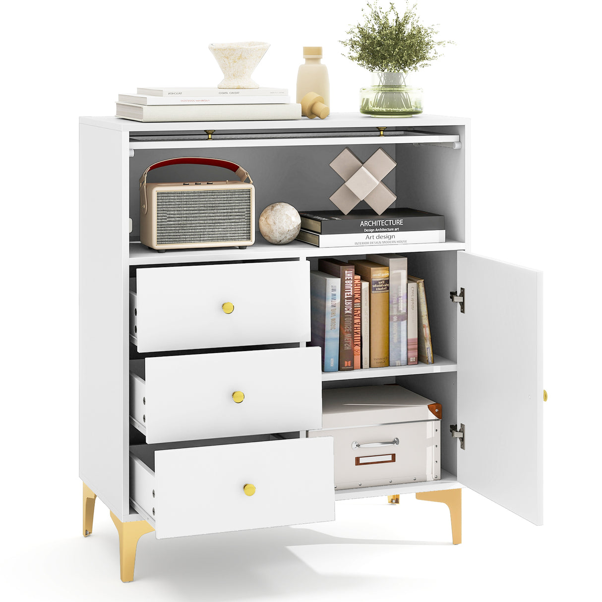 Chest of Drawers with Flip Up Fluted Glass Door for Bedroom Kitchen-Gray