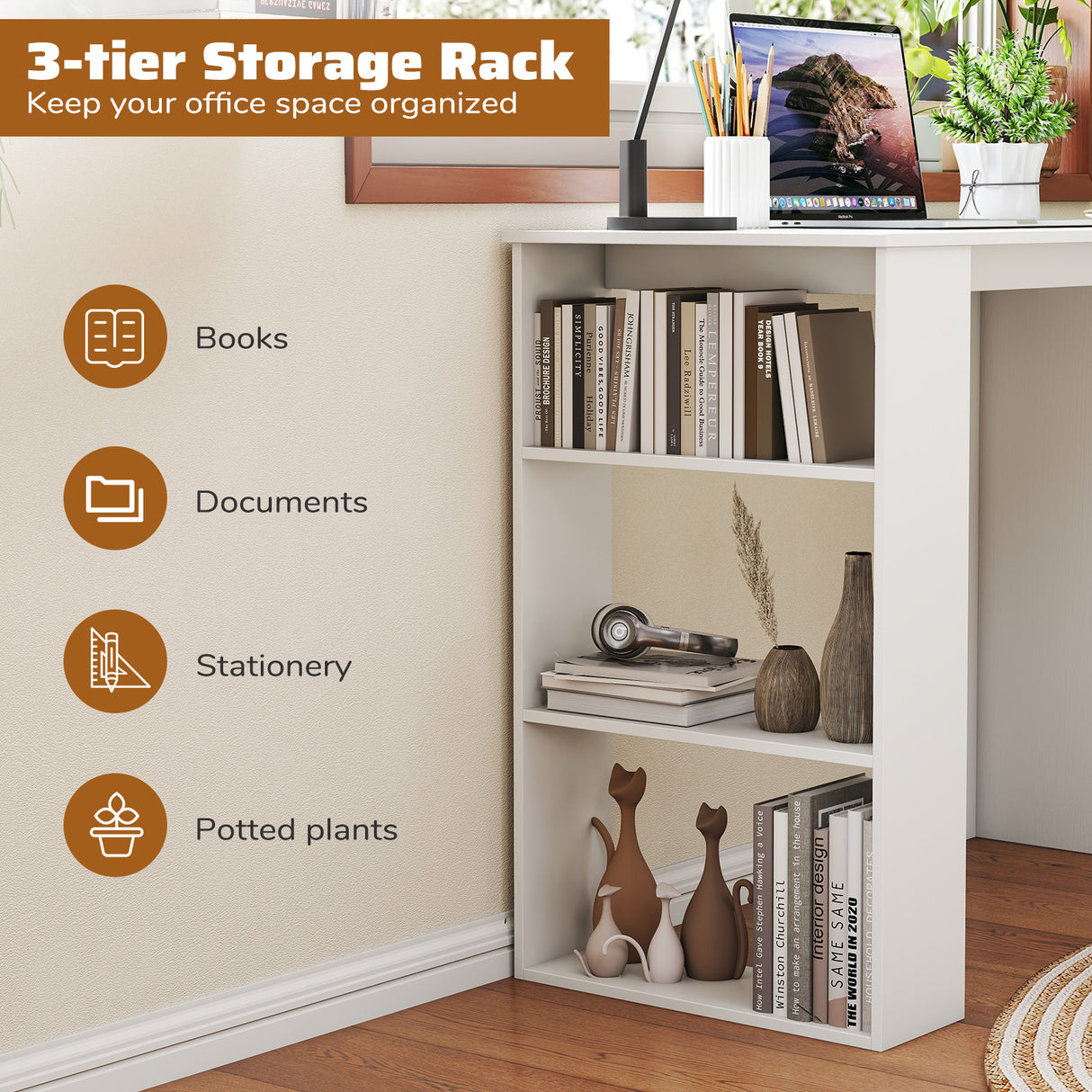 Computer Desk with Bookshelf for Small Space-White