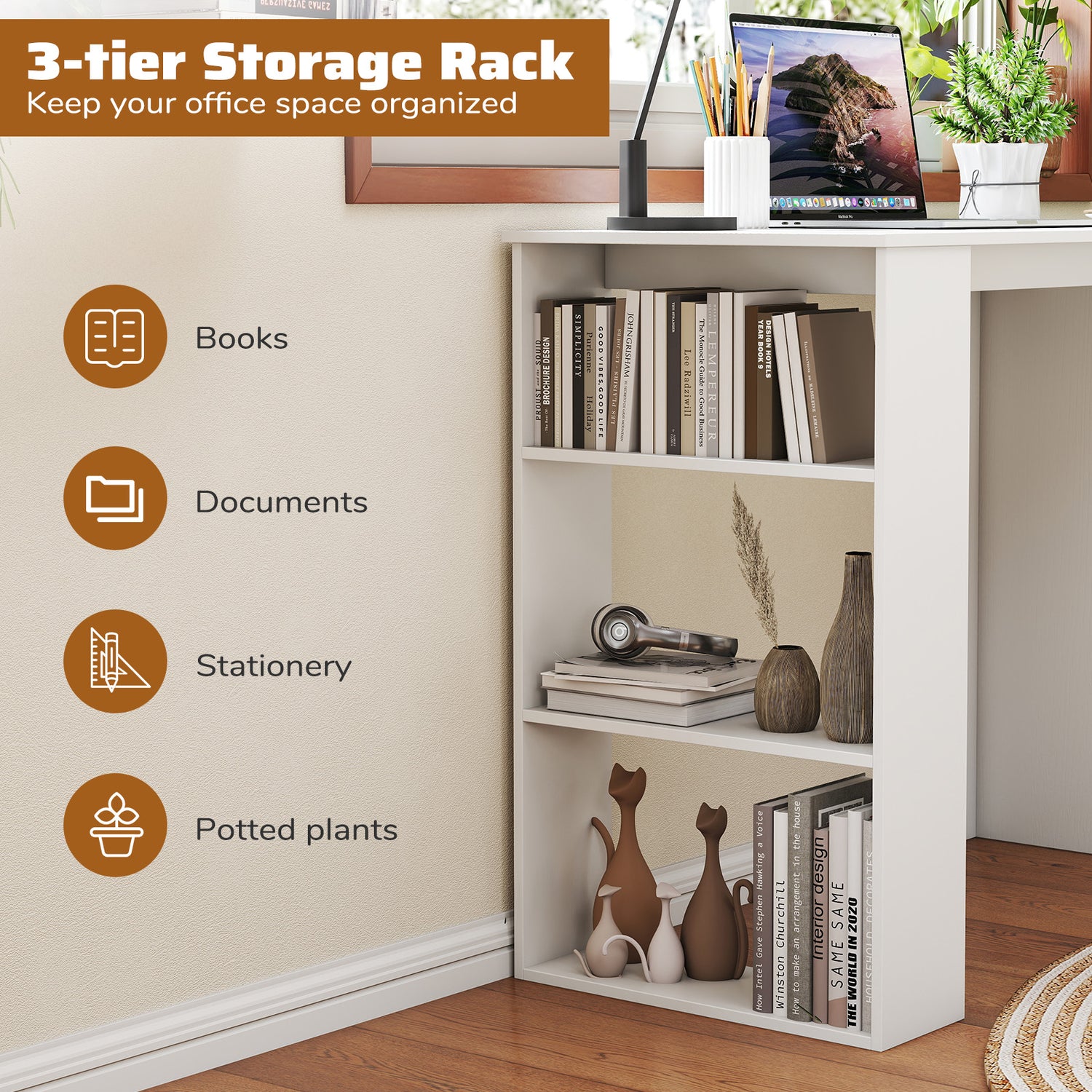 Computer Desk with Bookshelf for Small Space-White