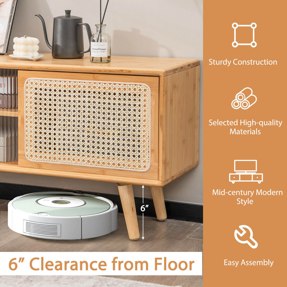 Modern TV Stand with Rattan Glass Sliding Doors