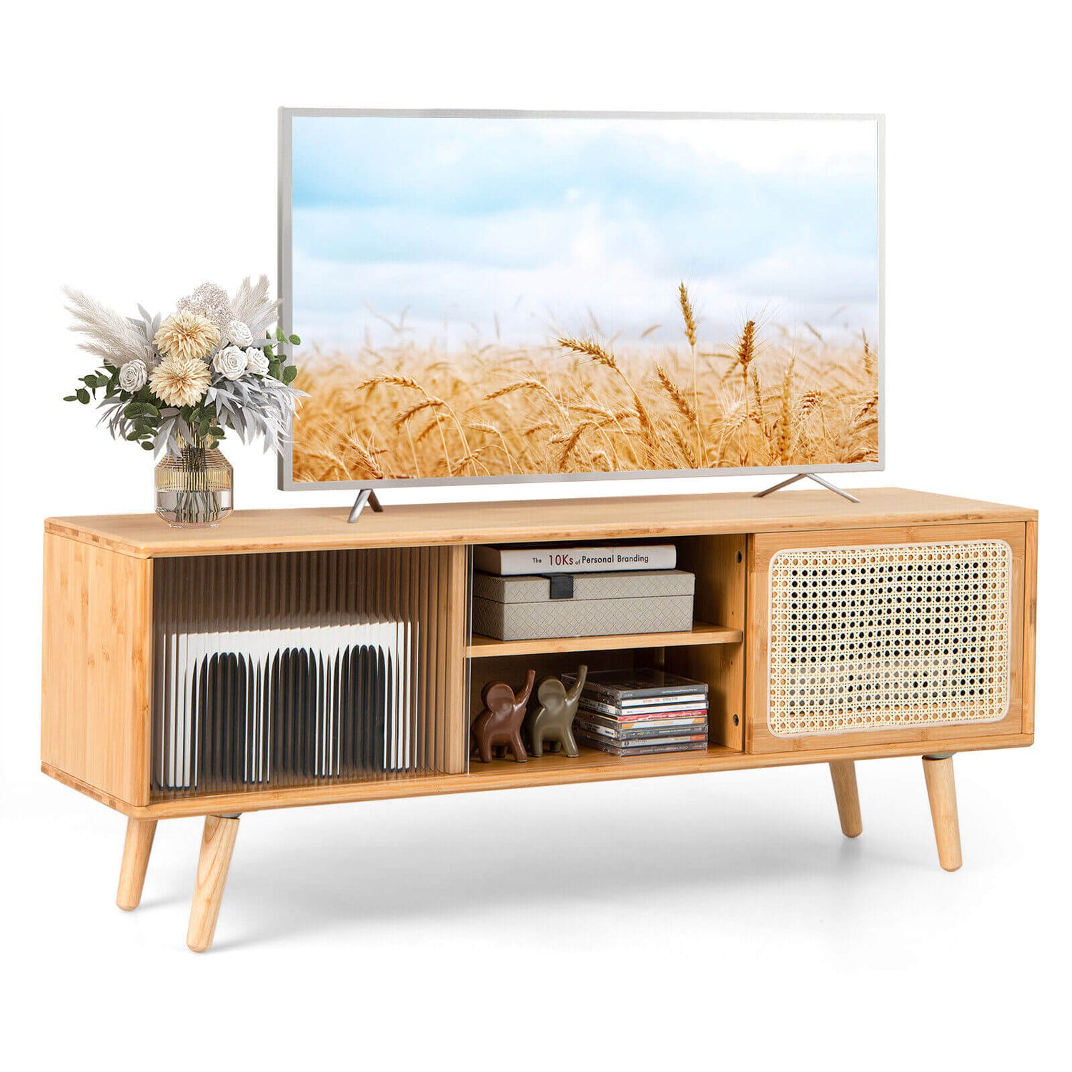 Modern TV Stand with Rattan Glass Sliding Doors