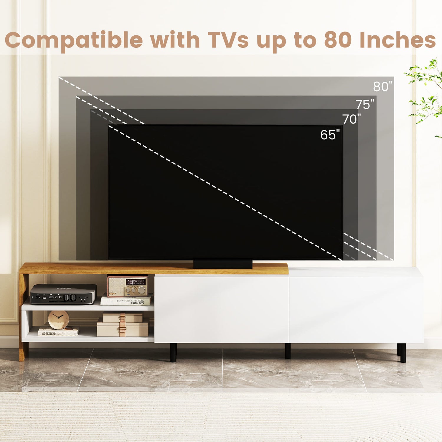 Modern TV Stand for 80 Inches TVs with Storage Shelves and Cabinets-White