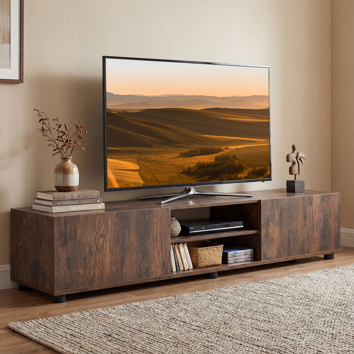 Modern TV Stand for up to 70" TVs Minimalist Entertainment Center with 2 Doors and Open Shelves