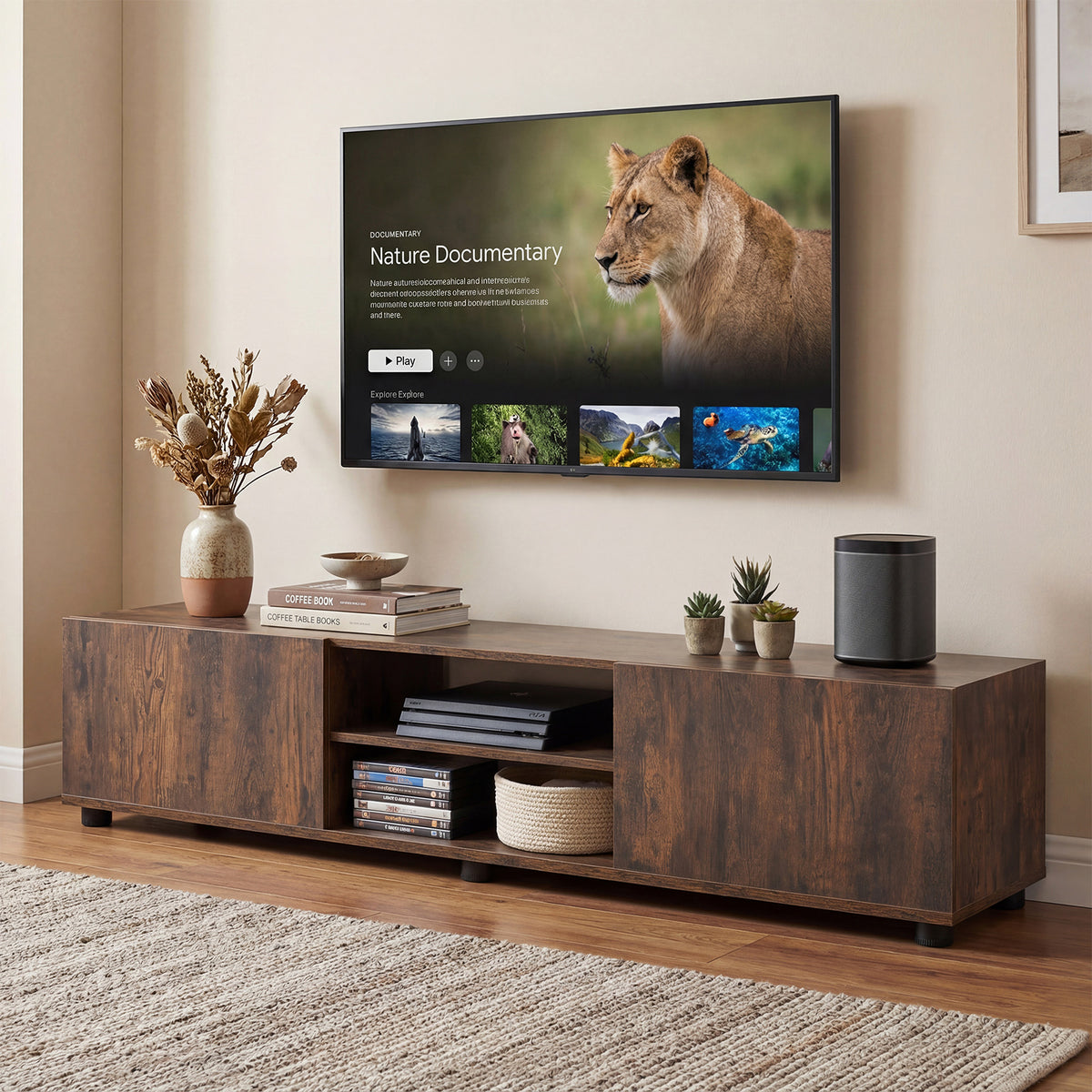 Modern TV Stand for up to 70" TVs Minimalist Entertainment Center with 2 Doors and Open Shelves