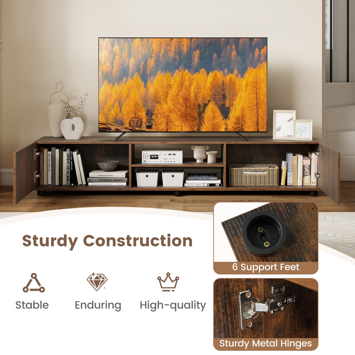 Modern TV Stand for up to 70" TVs Minimalist Entertainment Center with 2 Doors and Open Shelves