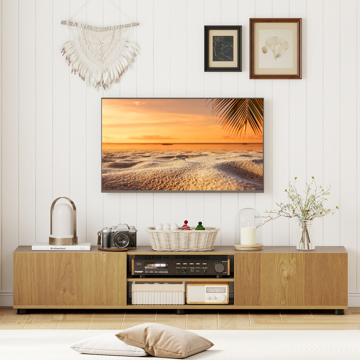 Modern TV Stand for up to 70" TVs Minimalist Entertainment Center with 2 Doors and Open Shelves