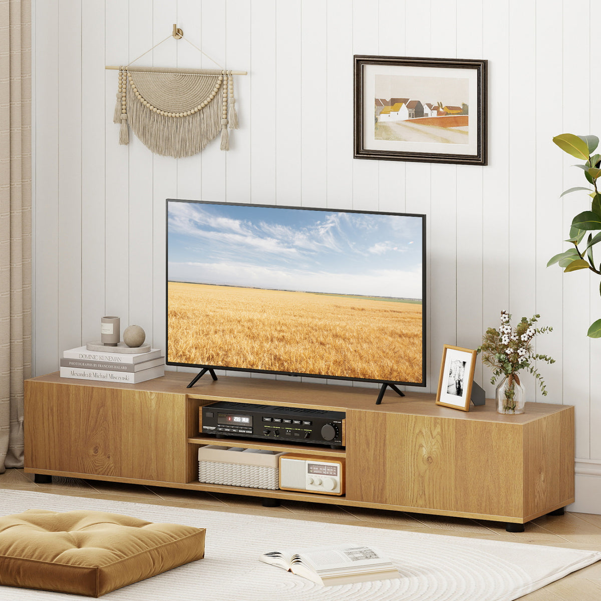 Modern TV Stand for up to 70" TVs Minimalist Entertainment Center with 2 Doors and Open Shelves