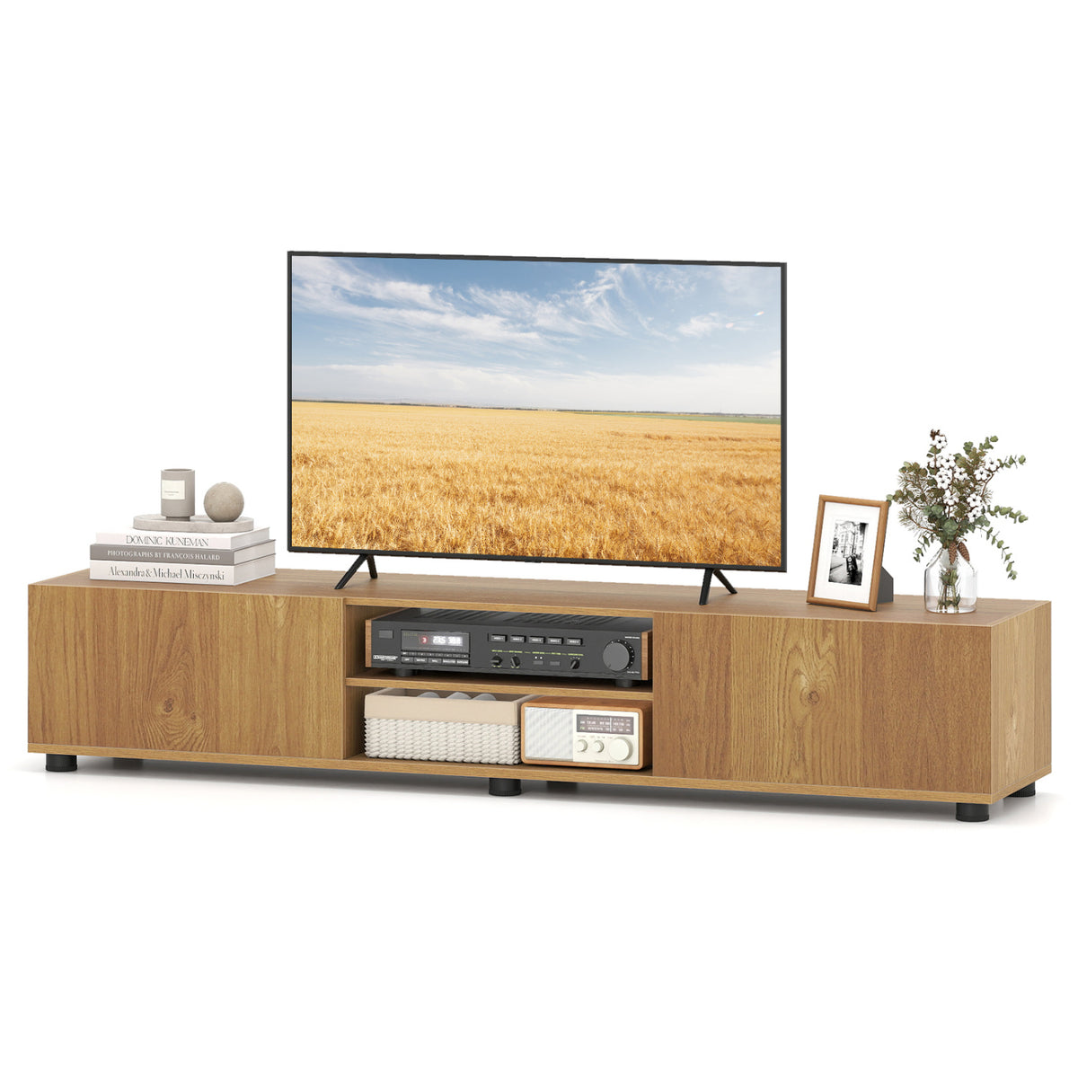 Modern TV Stand for up to 70" TVs Minimalist Entertainment Center with 2 Doors and Open Shelves