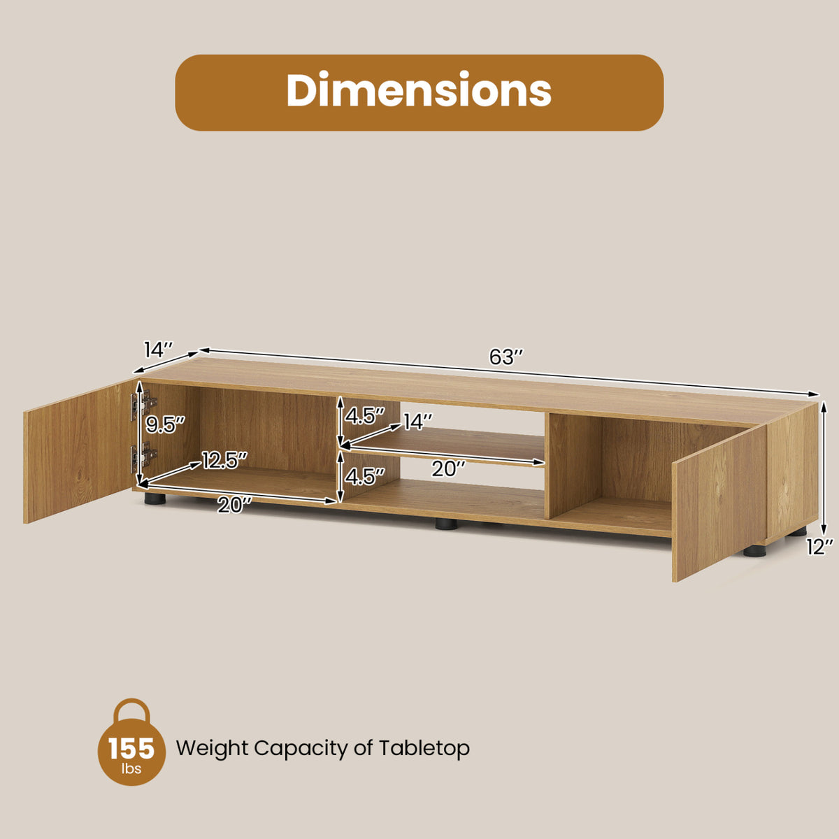 Modern TV Stand for up to 70" TVs Minimalist Entertainment Center with 2 Doors and Open Shelves