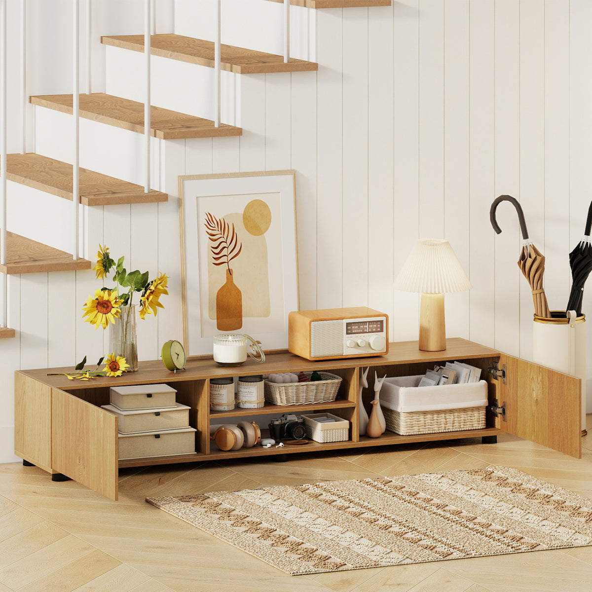 Modern TV Stand for up to 70" TVs Minimalist Entertainment Center with 2 Doors and Open Shelves
