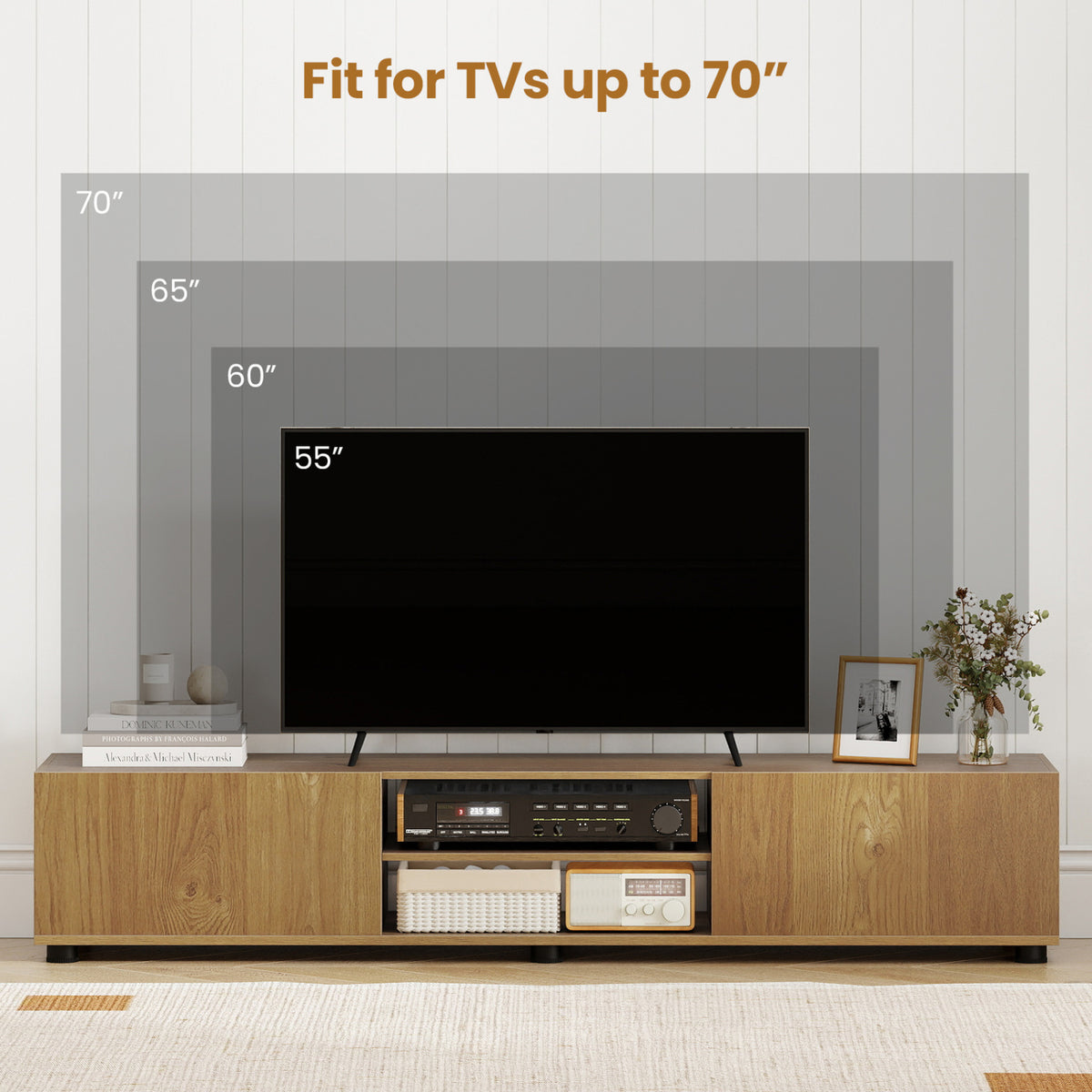 Modern TV Stand for up to 70" TVs Minimalist Entertainment Center with 2 Doors and Open Shelves