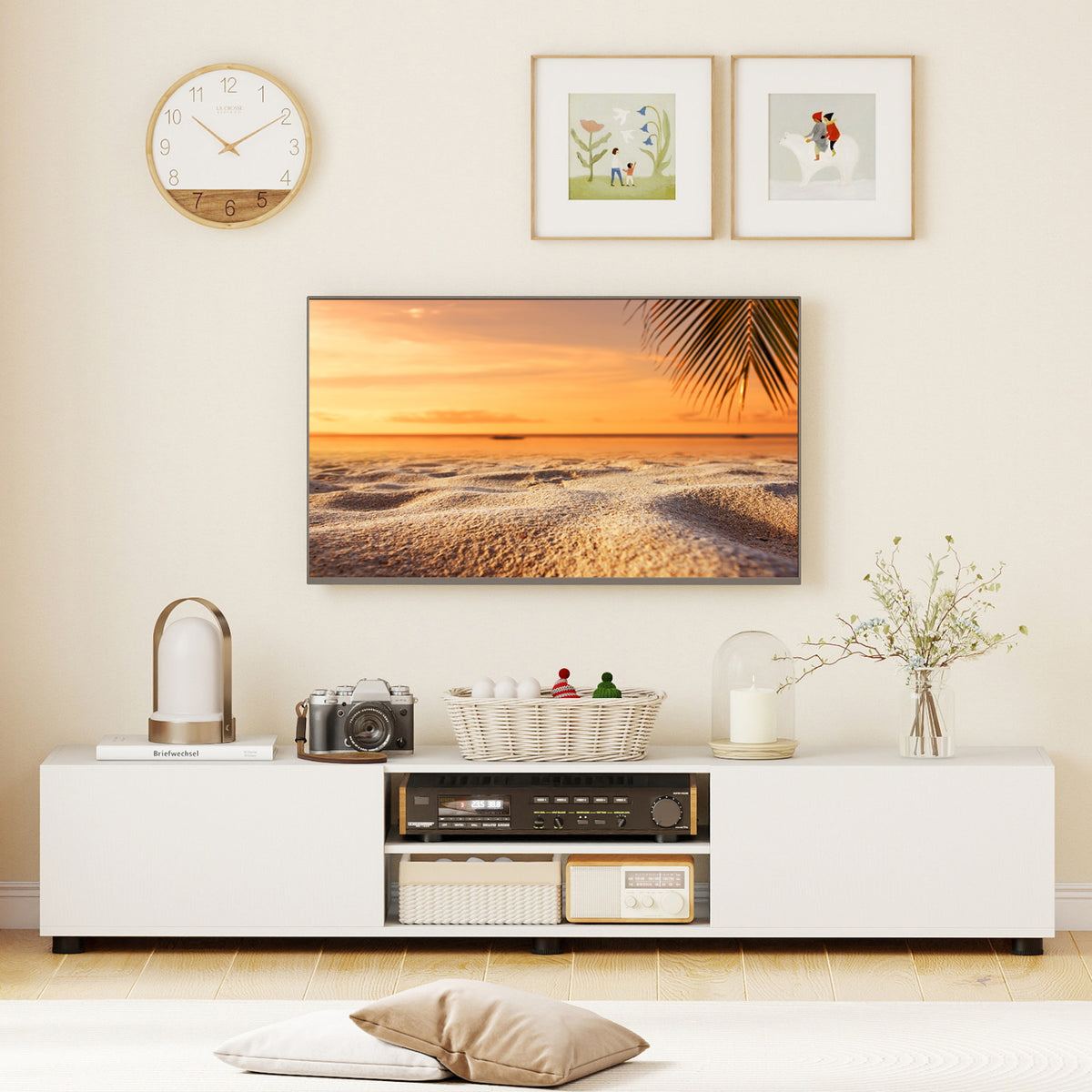 Modern TV Stand for up to 70" TVs Minimalist Entertainment Center with 2 Doors and Open Shelves