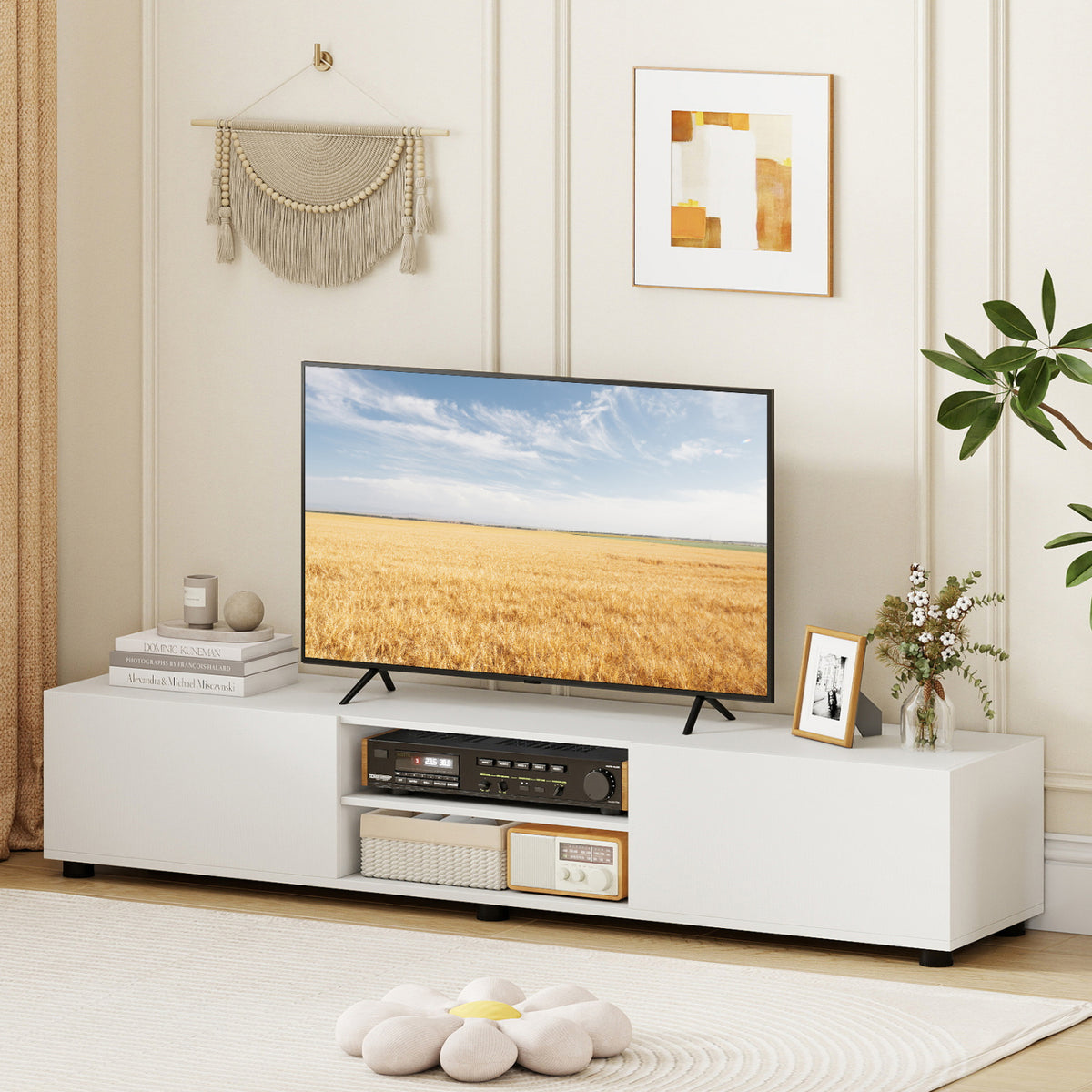 Modern TV Stand for up to 70" TVs Minimalist Entertainment Center with 2 Doors and Open Shelves