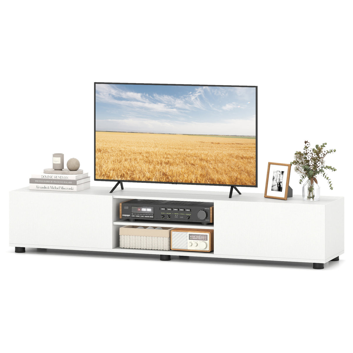 Modern TV Stand for up to 70" TVs Minimalist Entertainment Center with 2 Doors and Open Shelves