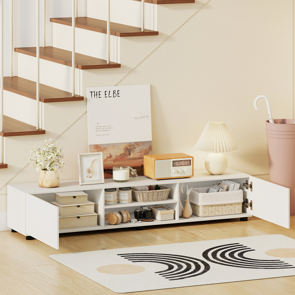 Modern TV Stand for up to 70" TVs Minimalist Entertainment Center with 2 Doors and Open Shelves