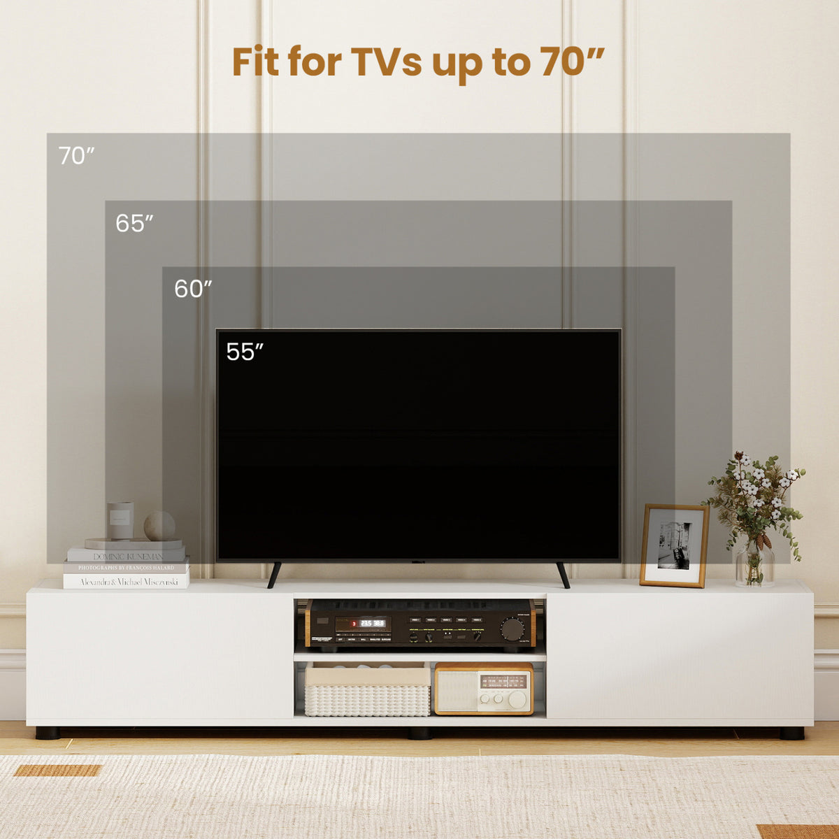 Modern TV Stand for up to 70" TVs Minimalist Entertainment Center with 2 Doors and Open Shelves