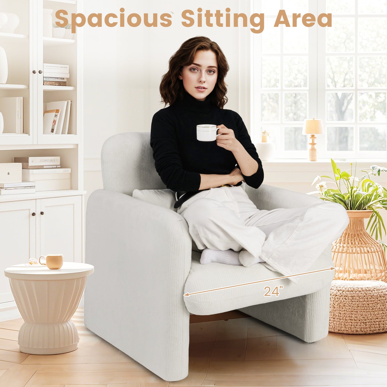 Modern Upholstered Chenille Accent Chair with Removable Lumbar Pillow-White