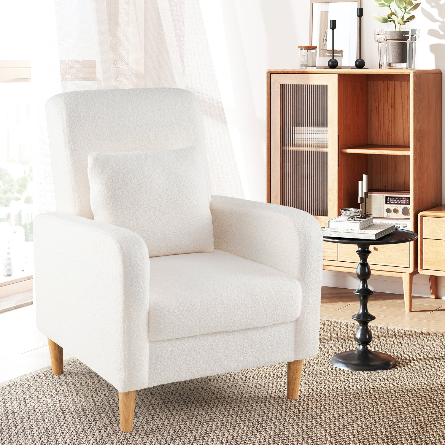 Modern Upholstered Sofa chair with Lumbar Pillow and Teddy Fleece Cover-White