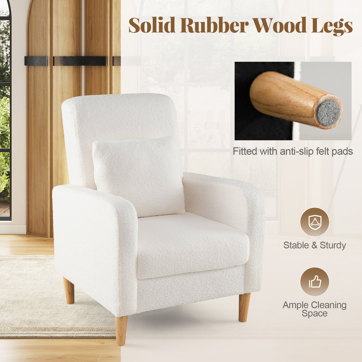 Modern Upholstered Sofa chair with Lumbar Pillow and Teddy Fleece Cover-White