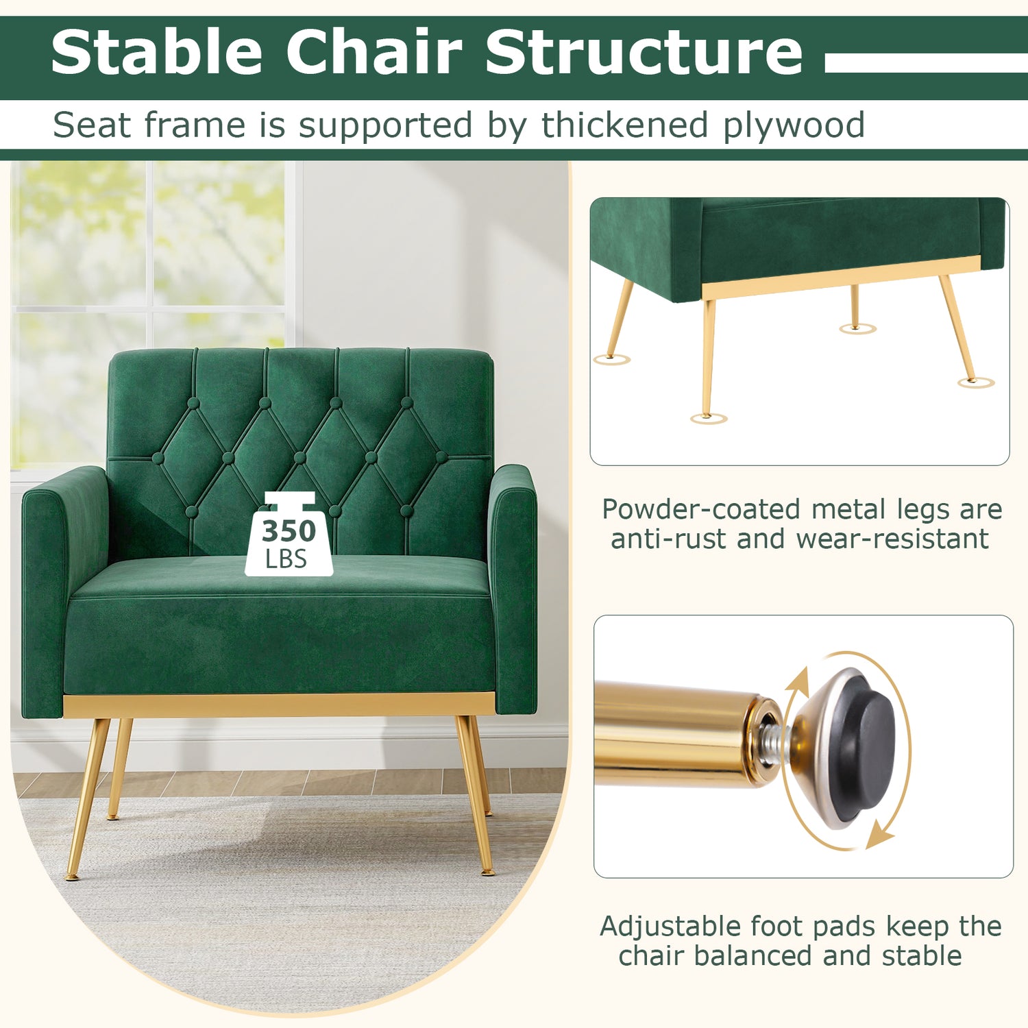 Modern Velvet Accent Chair with Button Tufted Back Golden Metal Legs and Adjustable Foot Pads