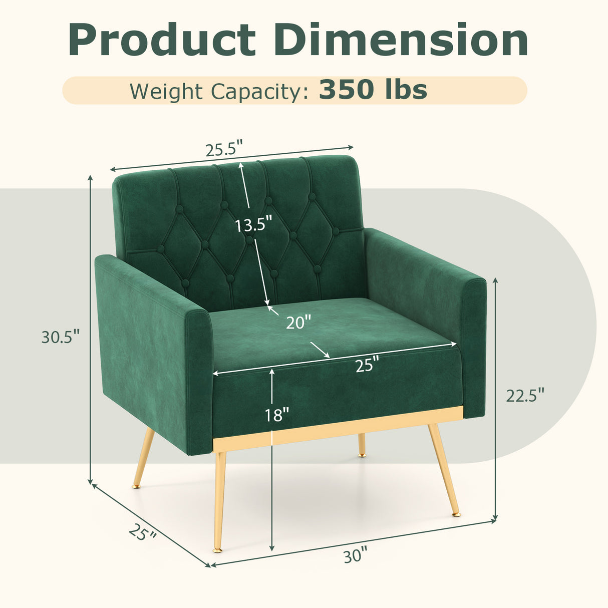Modern Velvet Accent Chair with Button Tufted Back Golden Metal Legs and Adjustable Foot Pads