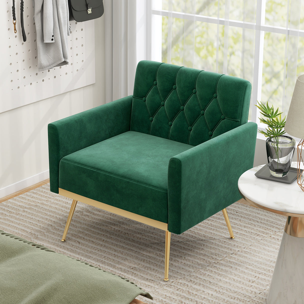 Modern Velvet Accent Chair with Button Tufted Back Golden Metal Legs and Adjustable Foot Pads