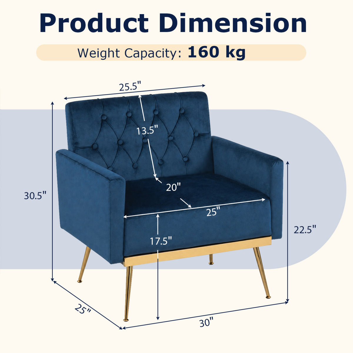 Modern Velvet Upholstered Accent Chair with Button-Tufted Back and Adjustable Feet