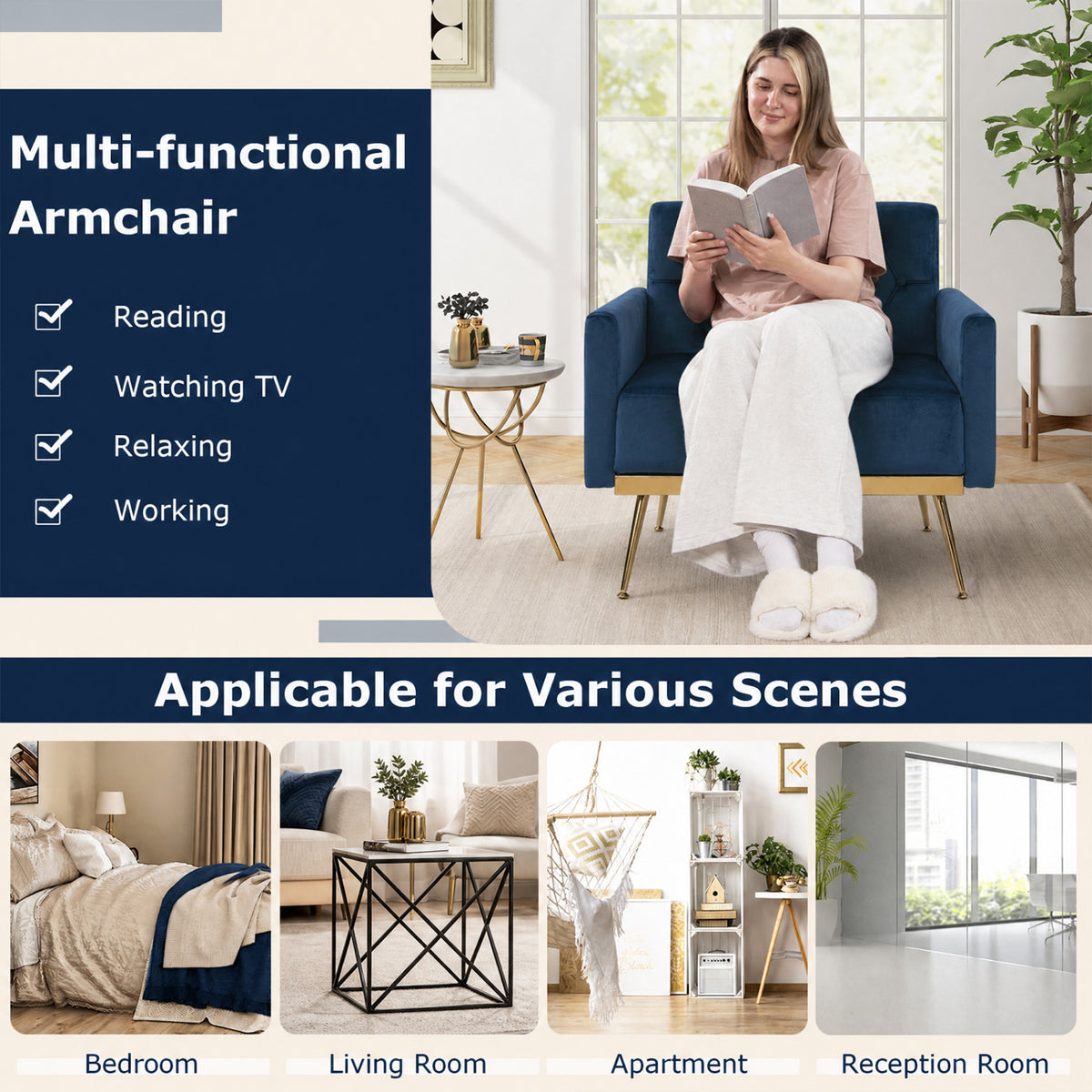 Modern Velvet Upholstered Accent Chair with Button-Tufted Back and Adjustable Feet