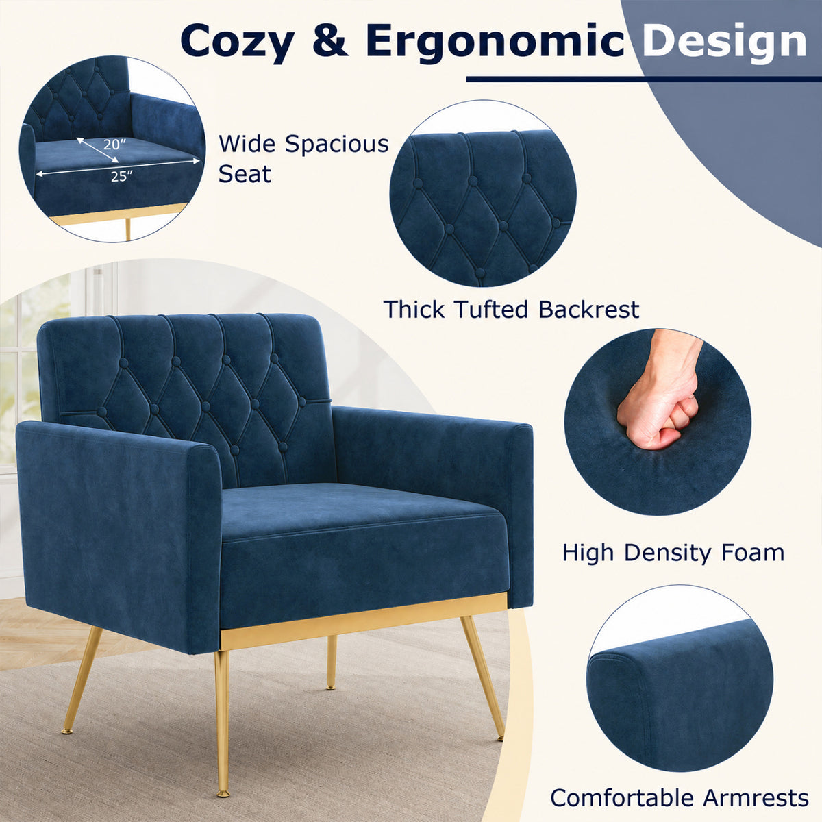 Modern Velvet Upholstered Accent Chair with Button-Tufted Back and Adjustable Feet
