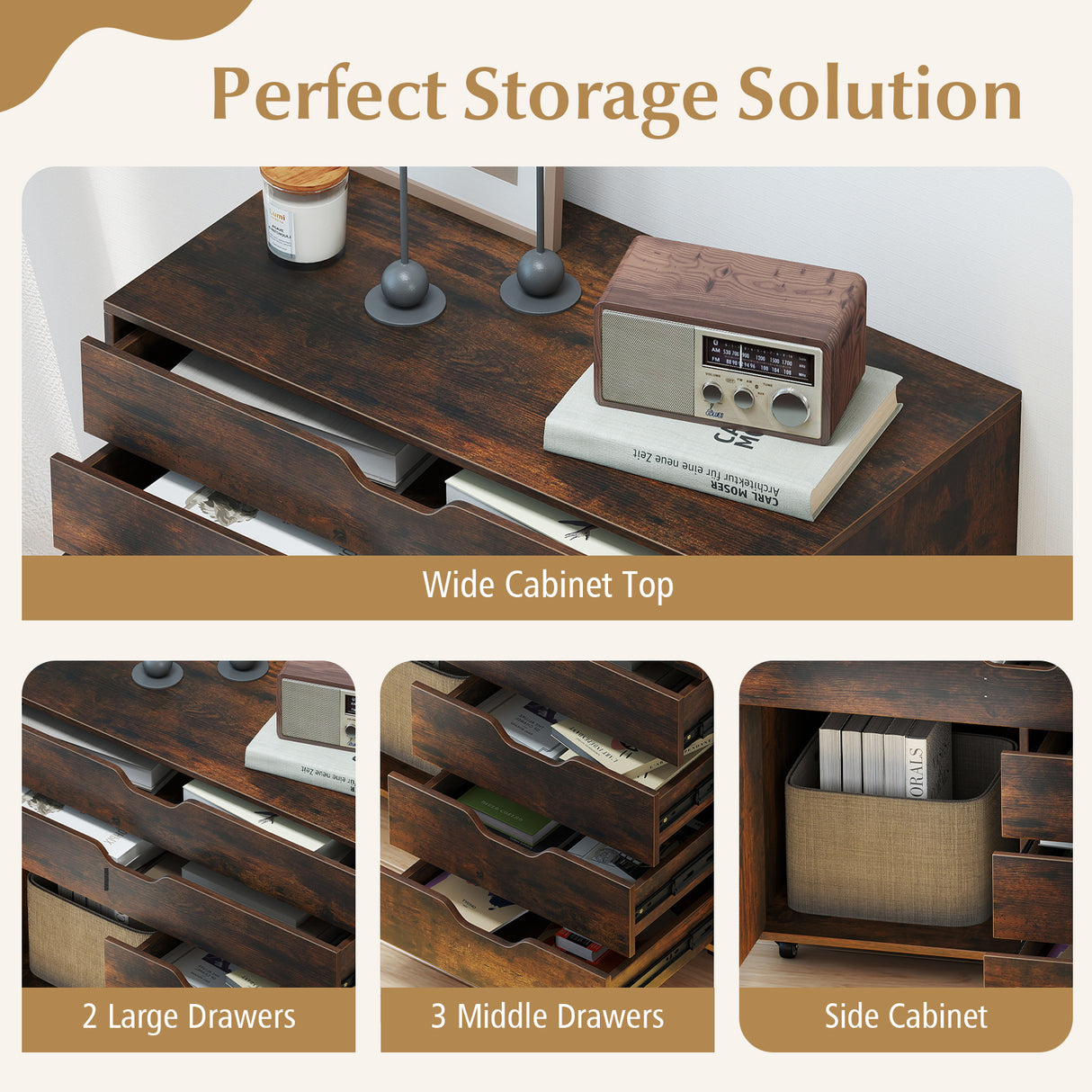 Modern Vertical 5-Drawer Mobile Chest with Door 5 Casters