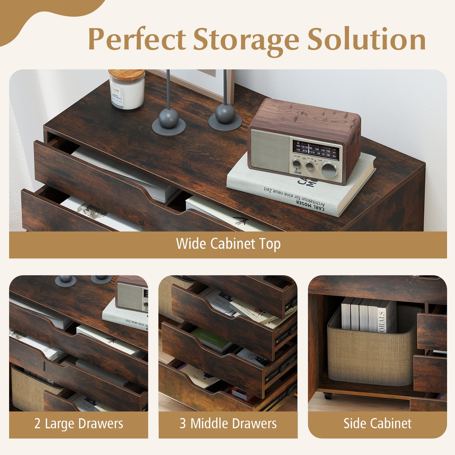 Modern Vertical 5-Drawer Mobile Chest with Door 5 Casters