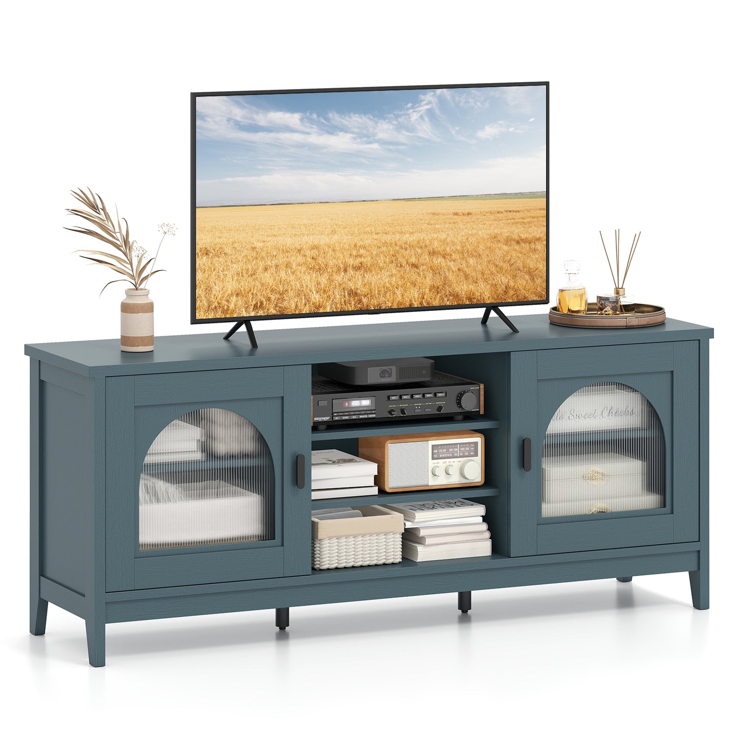 Modern Vintage TV Cabinet with Adjustable Shelves and 2 Cable Holes for TVs up to 65 Inches