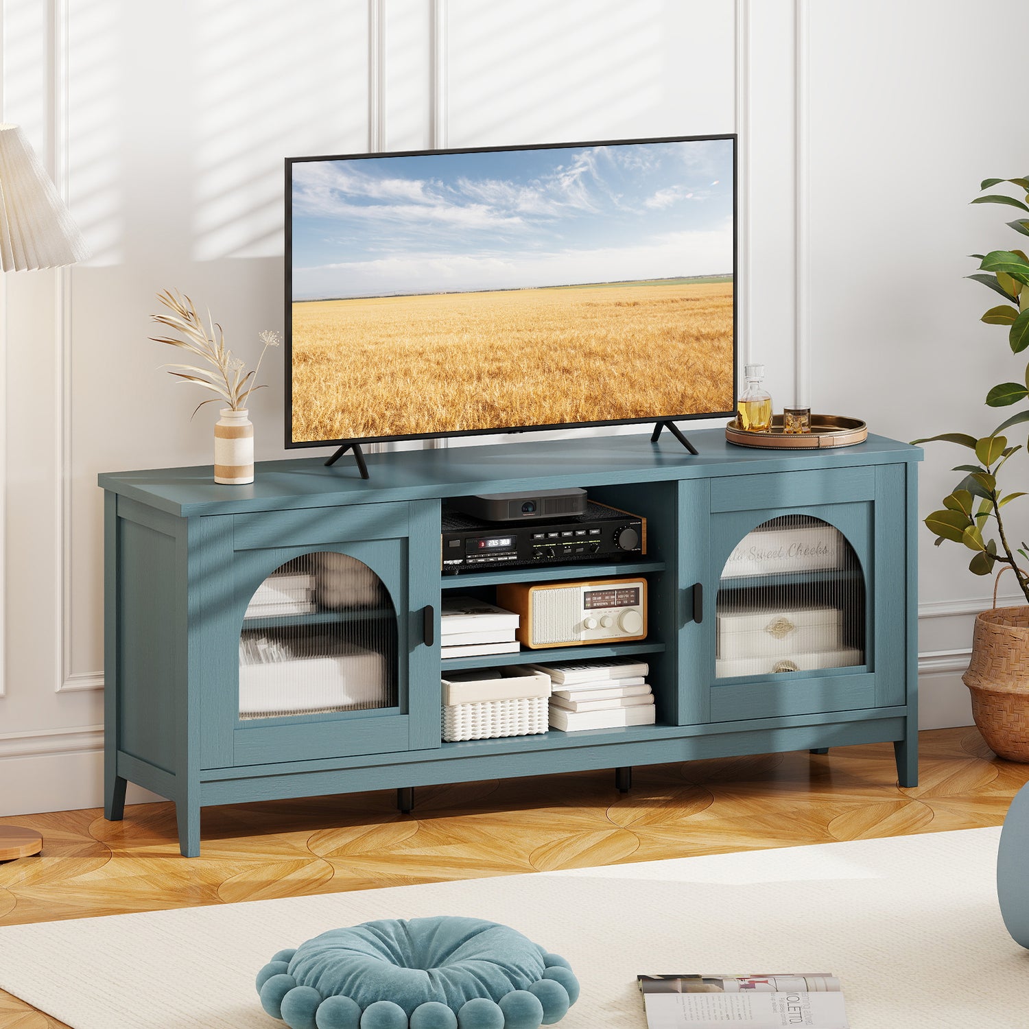 Modern Vintage TV Cabinet with Adjustable Shelves and 2 Cable Holes for TVs up to 65 Inches