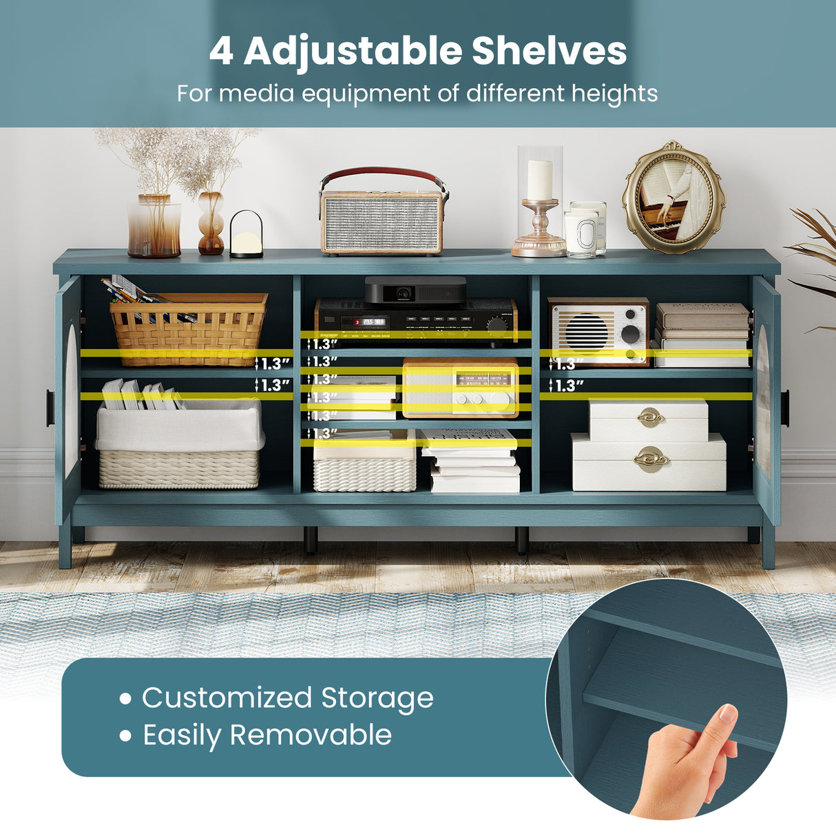 Modern Vintage TV Cabinet with Adjustable Shelves and 2 Cable Holes for TVs up to 65 Inches