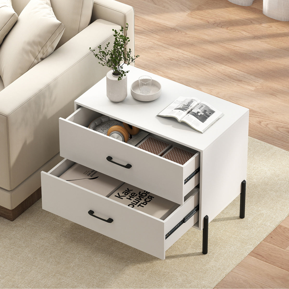 Modern Wooden 2-Drawer Nightstand with Metal Legs and Handles-White